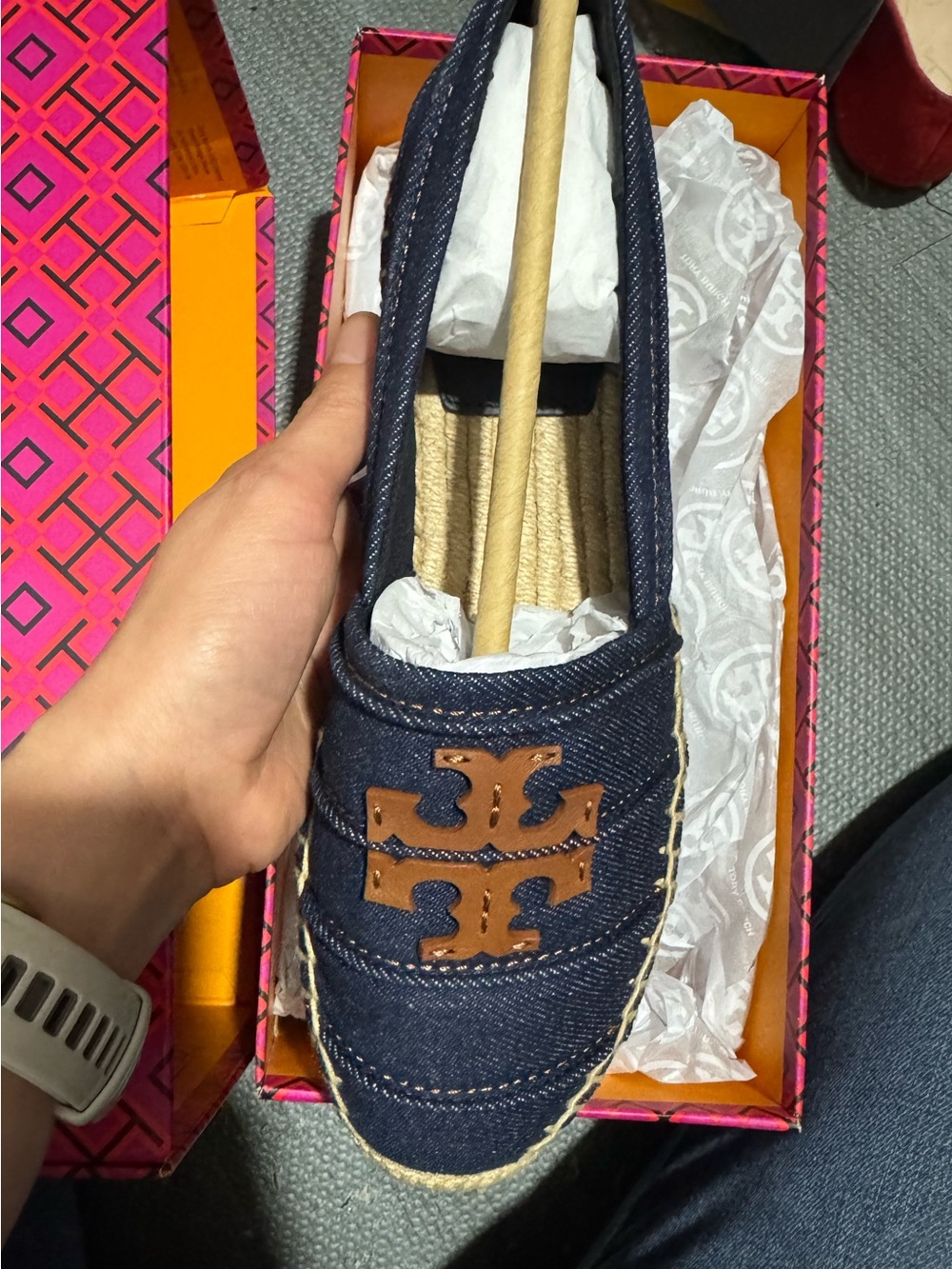 Tory Burch Navy Denim Espadrille with Tan Leather Logo